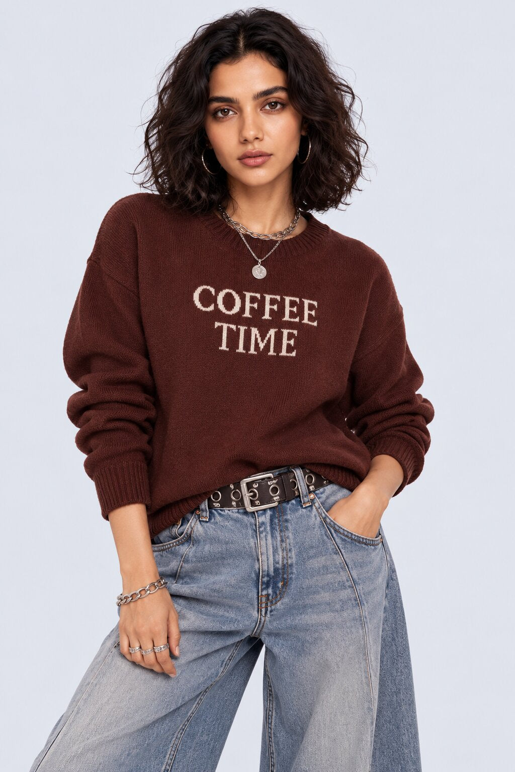 Womens Brown Coffee Time Graphic Sweater - Image 1