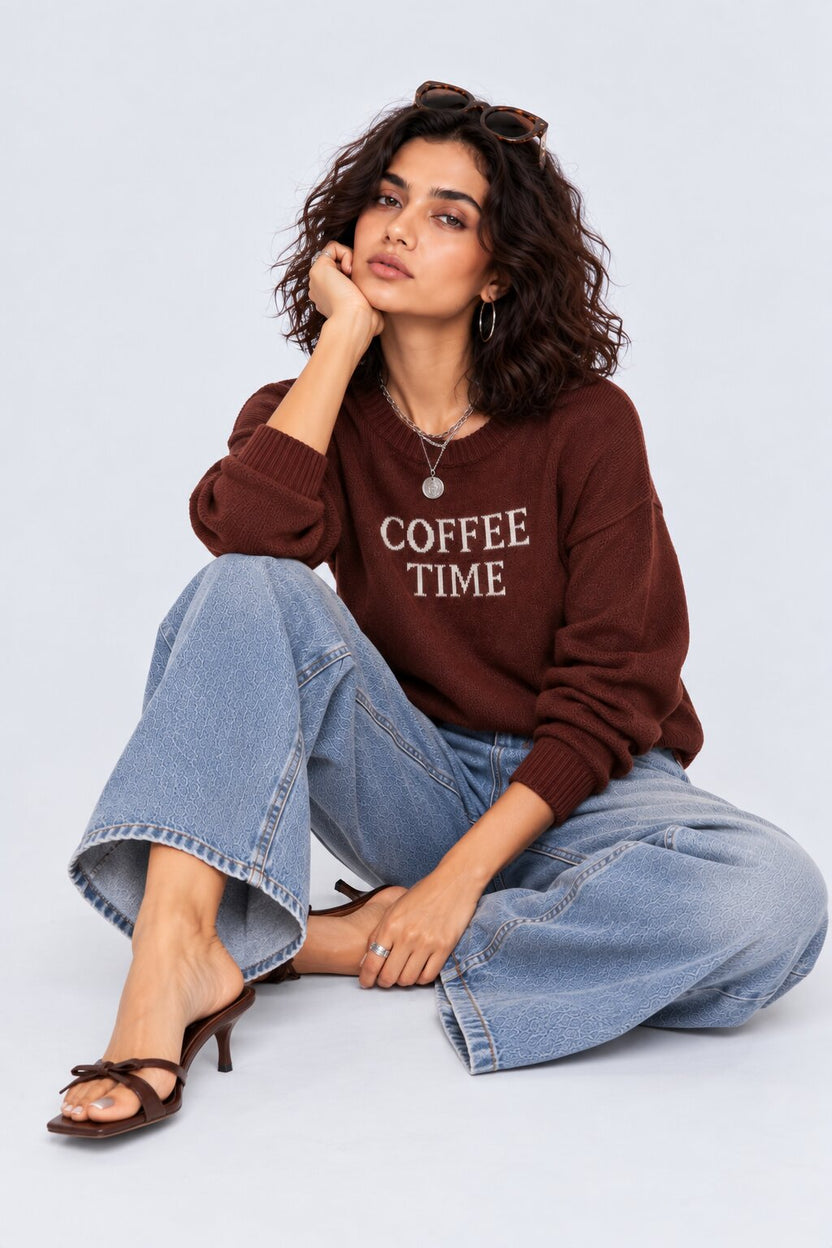 Womens Brown Coffee Time Graphic Sweater - Image 5