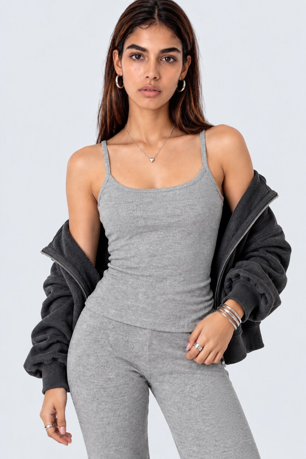 Womens Grey Ribbed Square Neck Cami Top - Image 1