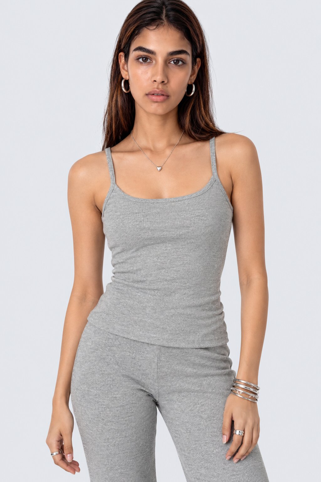 Womens Grey Ribbed Square Neck Cami Top - Image 2