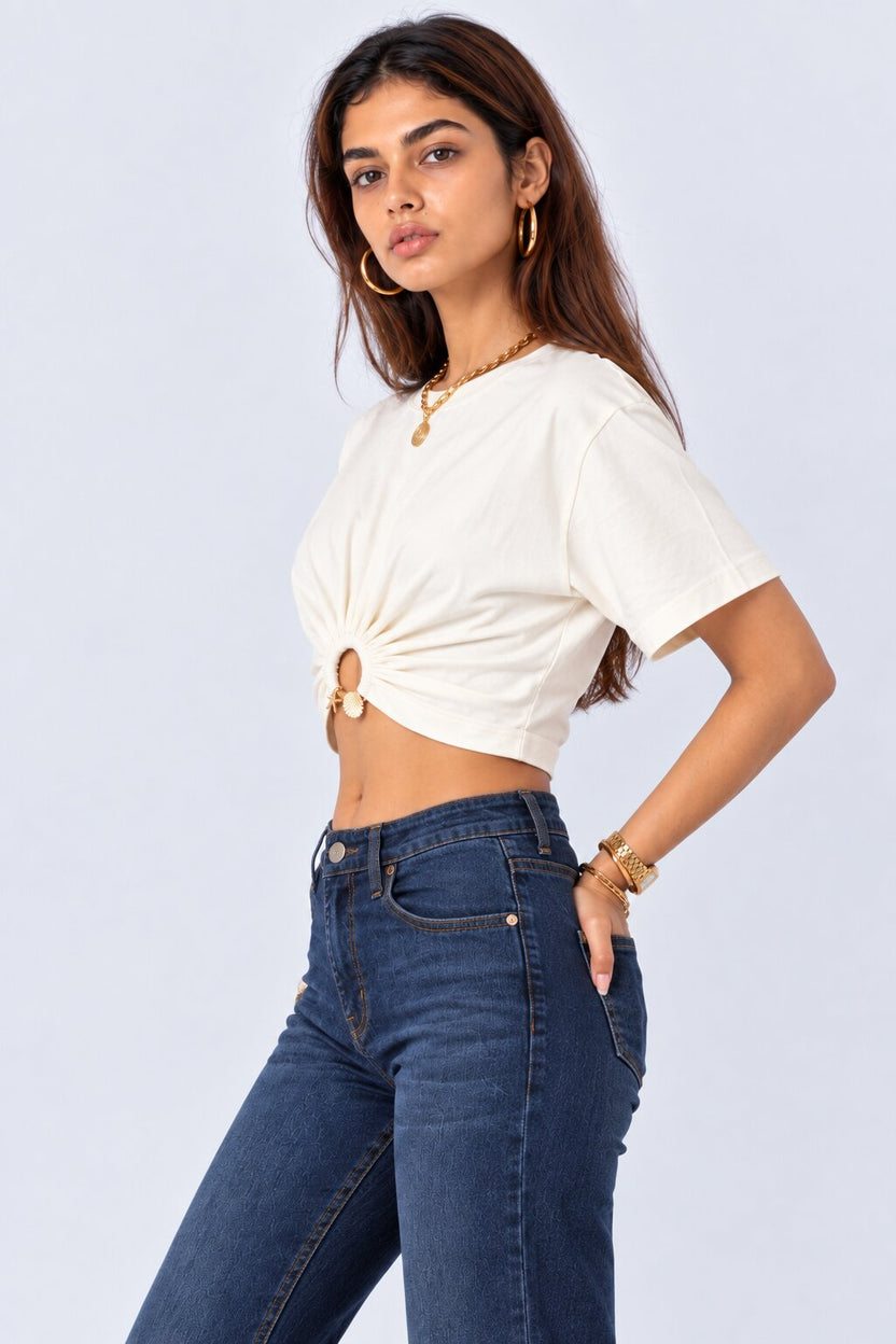 Womens Off White Ring Detail Crop Top - Image 1