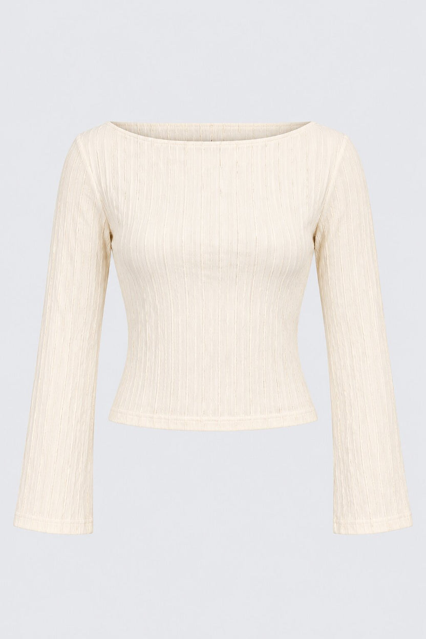 Womens Off White Textured Boat Neck Crop Top - Image 7