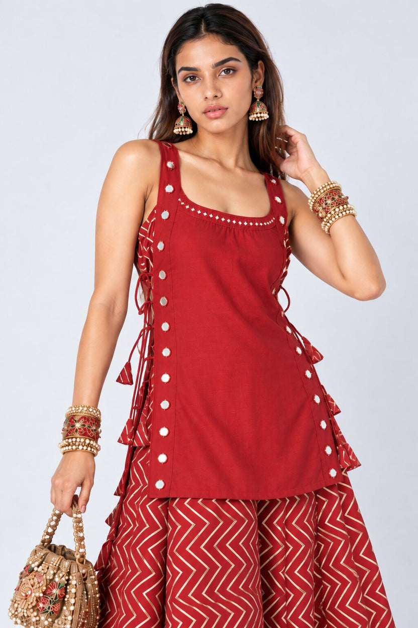 Womens Red Mirror Detail Ethnic Tunic - Image 1