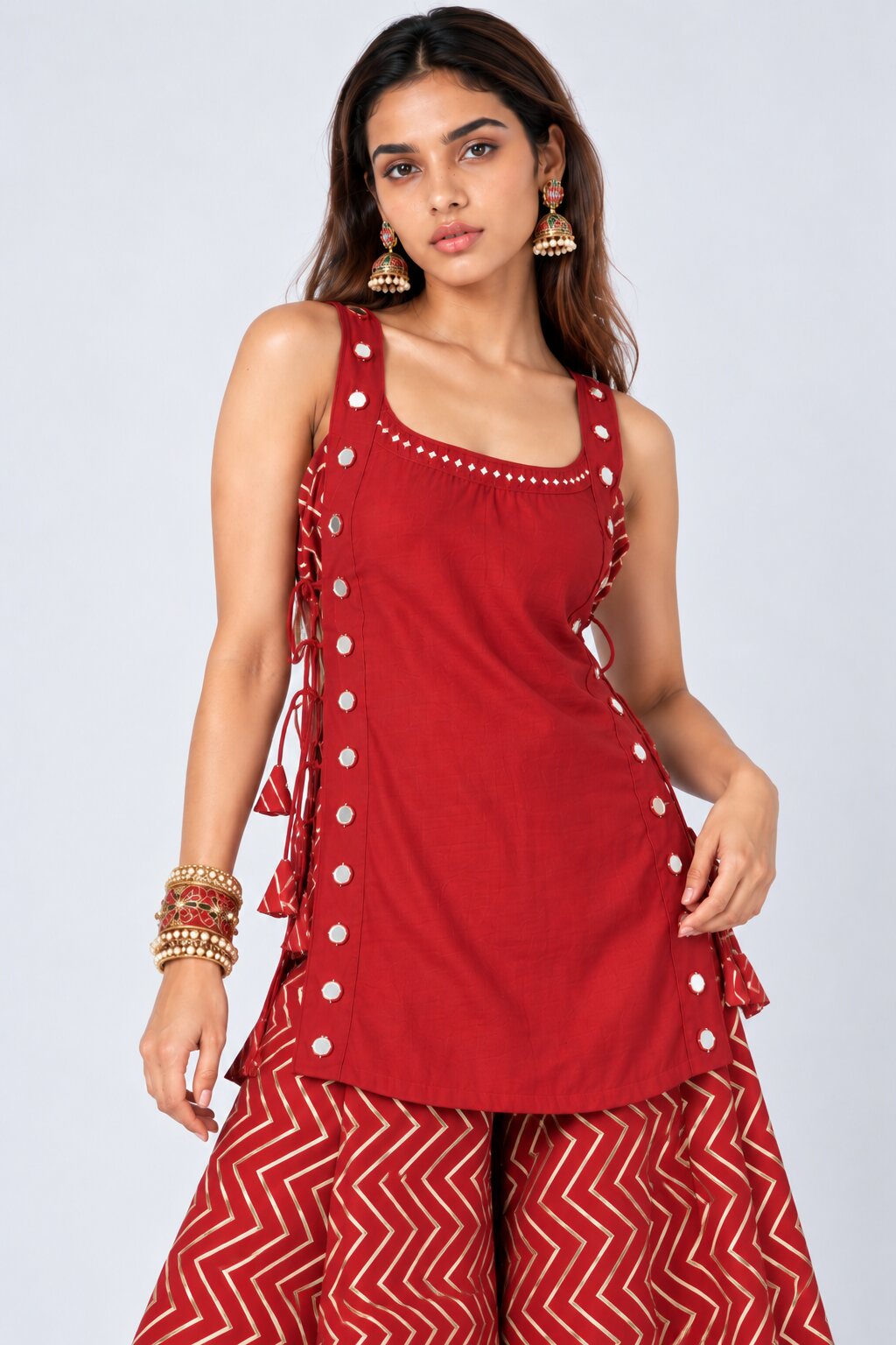Womens Red Mirror Detail Ethnic Tunic - Image 2