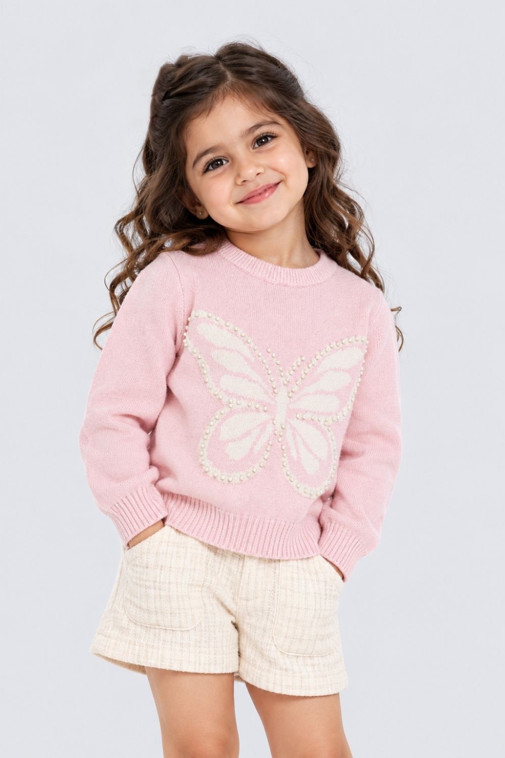 Girls Pink Butterfly Embellished Knit Sweater - Image 1