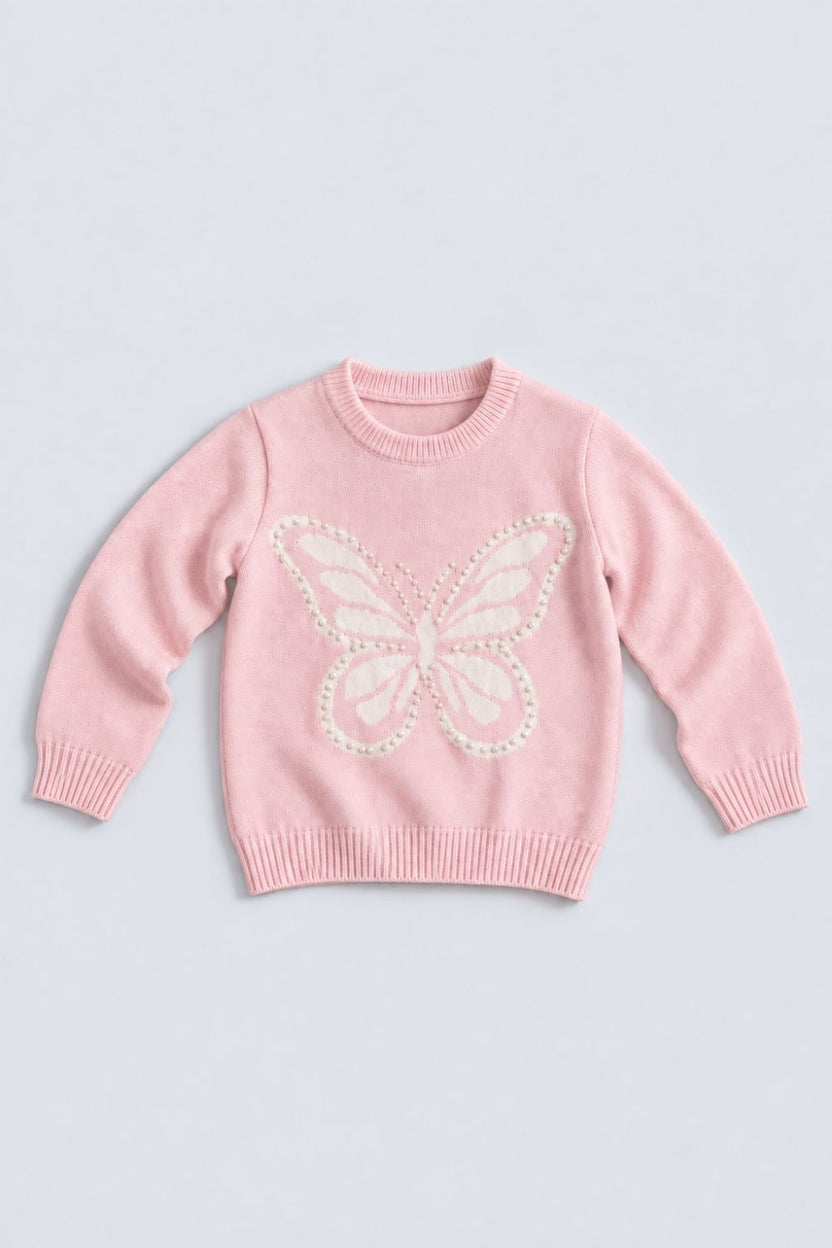 Girls Pink Butterfly Embellished Knit Sweater - Image 2