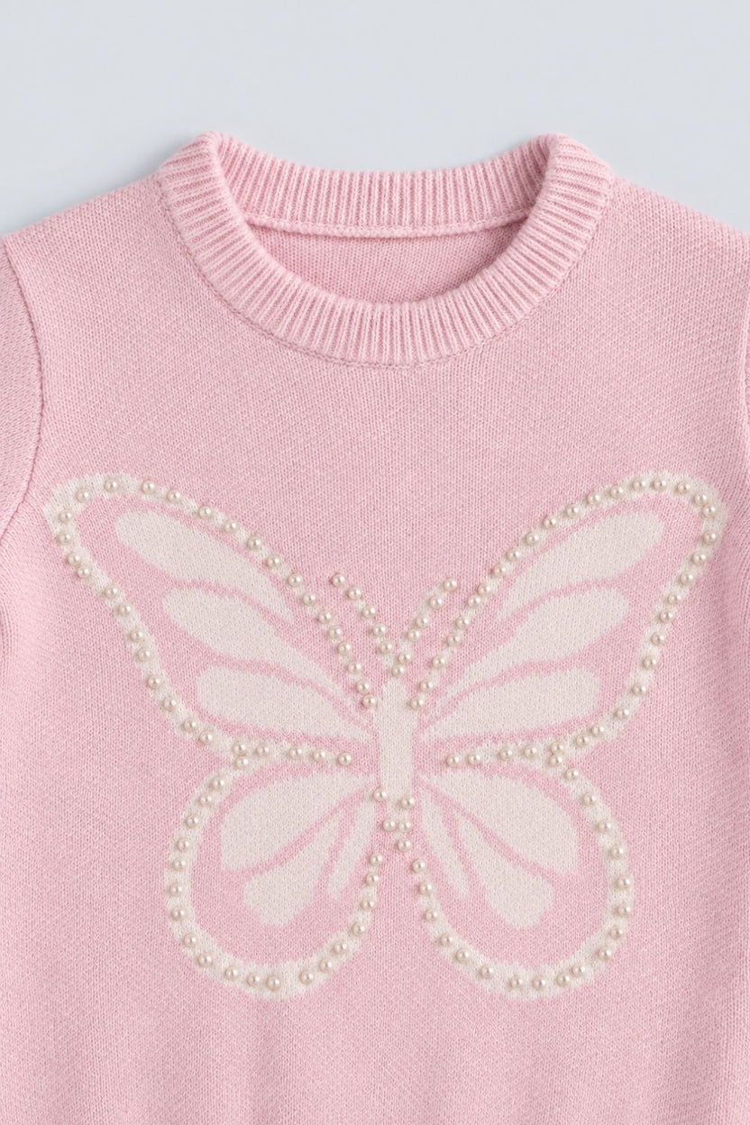 Girls Pink Butterfly Embellished Knit Sweater - Image 5