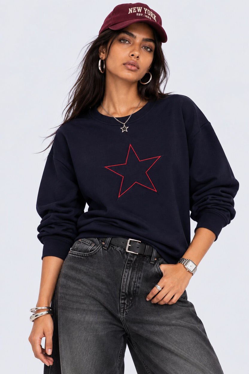 Womens Navy Star Graphic Crew Neck Sweatshirt - Image 1