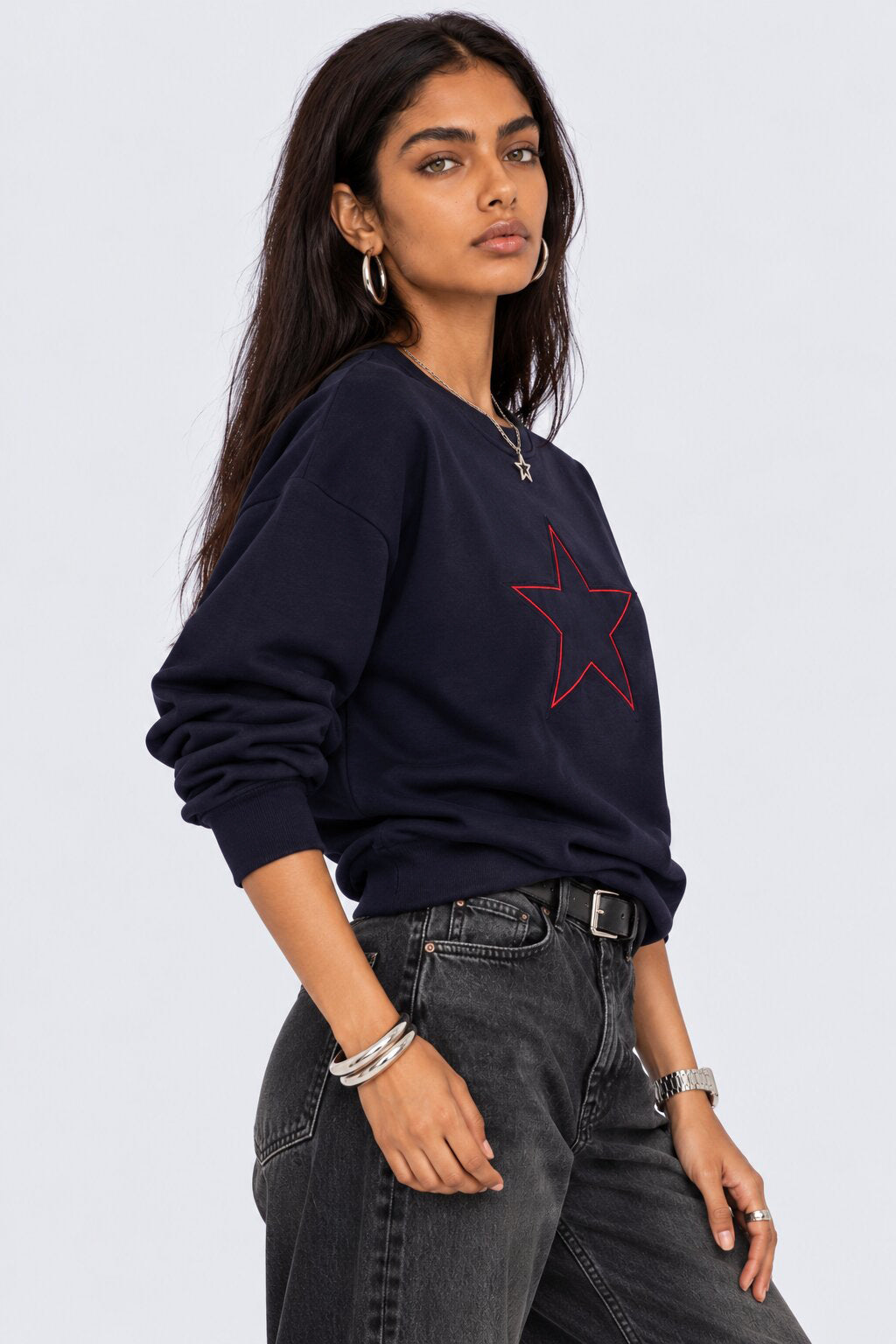 Womens Navy Star Graphic Crew Neck Sweatshirt - Image 4