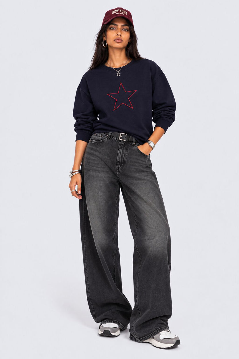 Womens Navy Star Graphic Crew Neck Sweatshirt - Image 6