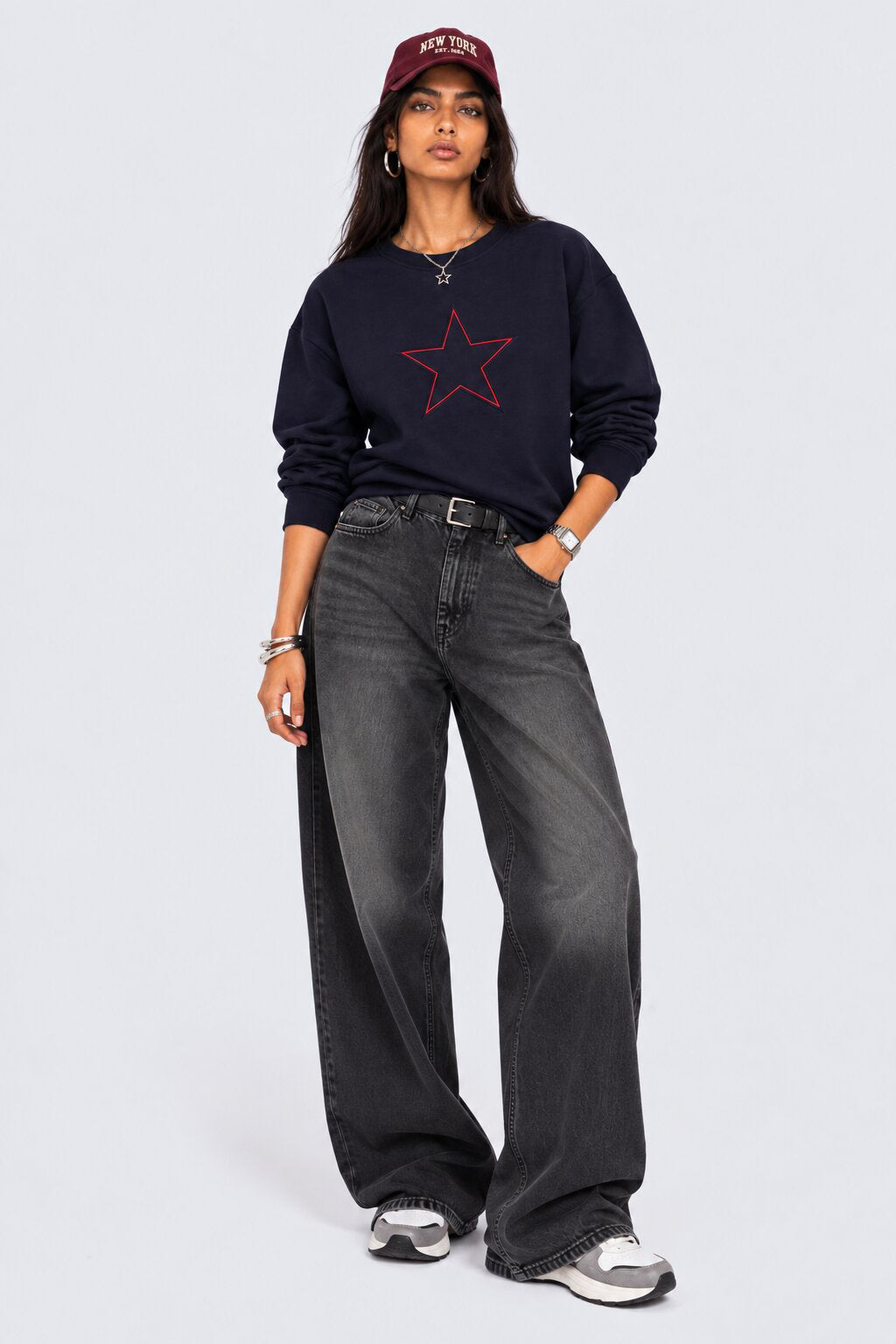 Womens Navy Star Graphic Crew Neck Sweatshirt - Image 6