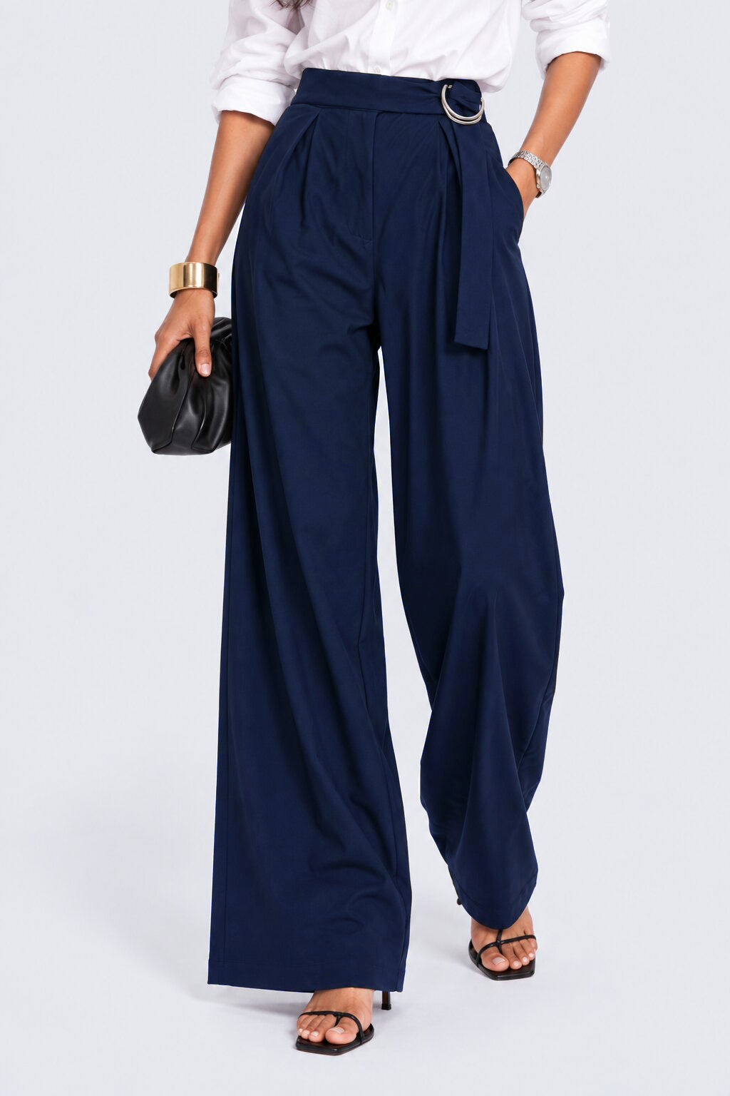 Womens Navy Belted Straight Fit Trouser - Image 1