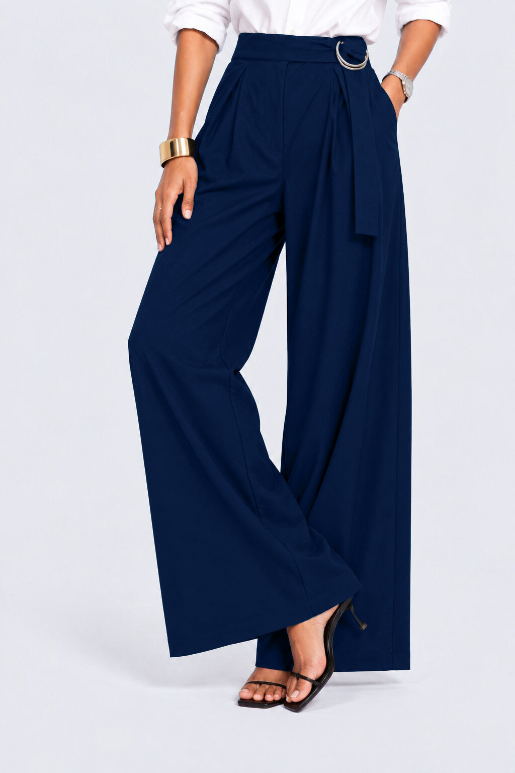 Womens Navy Belted Straight Fit Trouser - Image 2