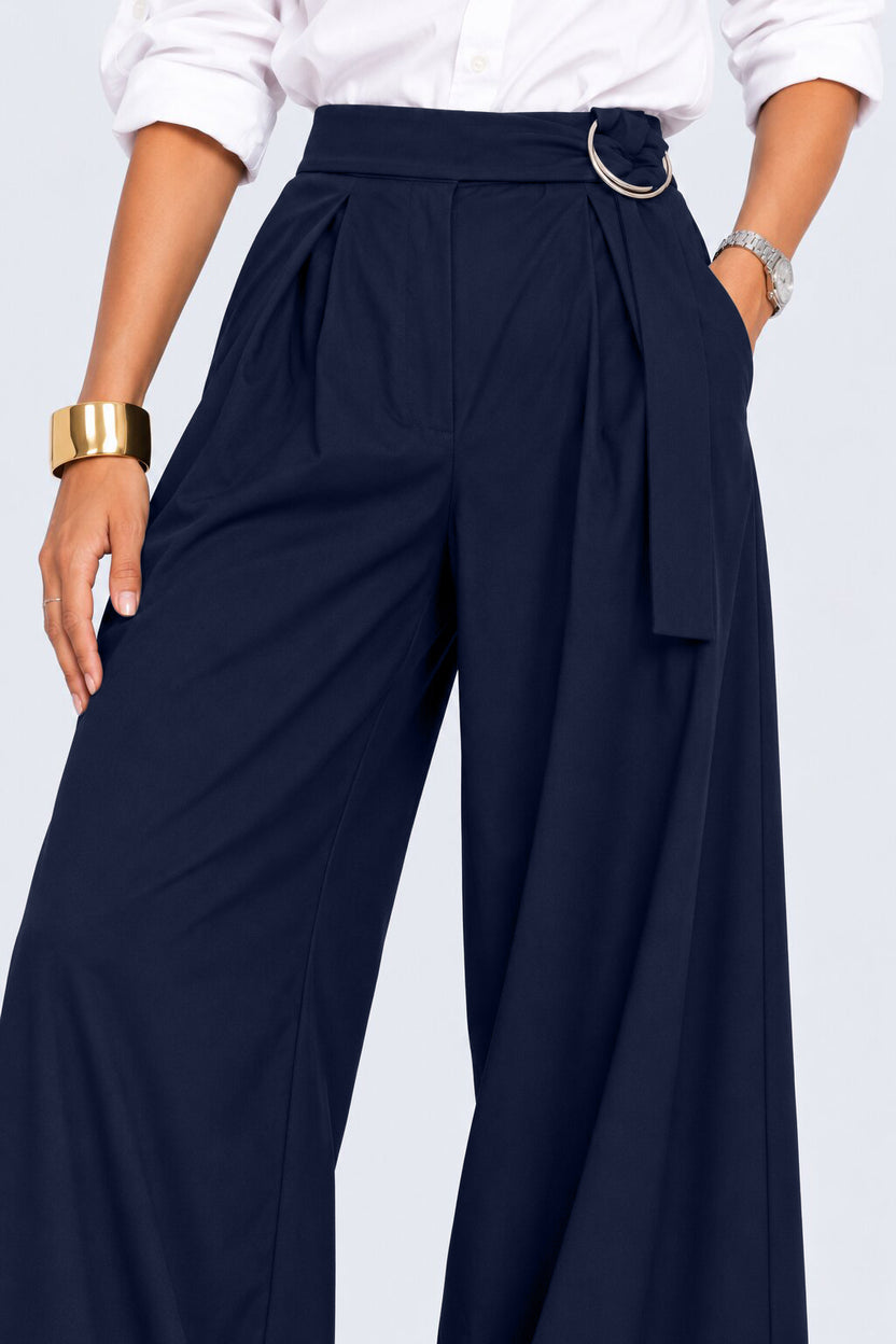 Womens Navy Belted Straight Fit Trouser - Image 3