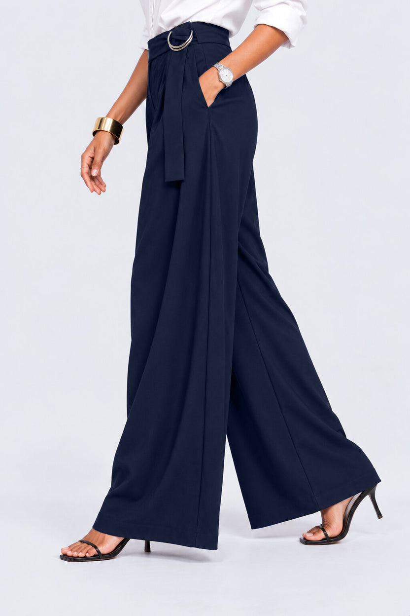 Womens Navy Belted Straight Fit Trouser - Image 4