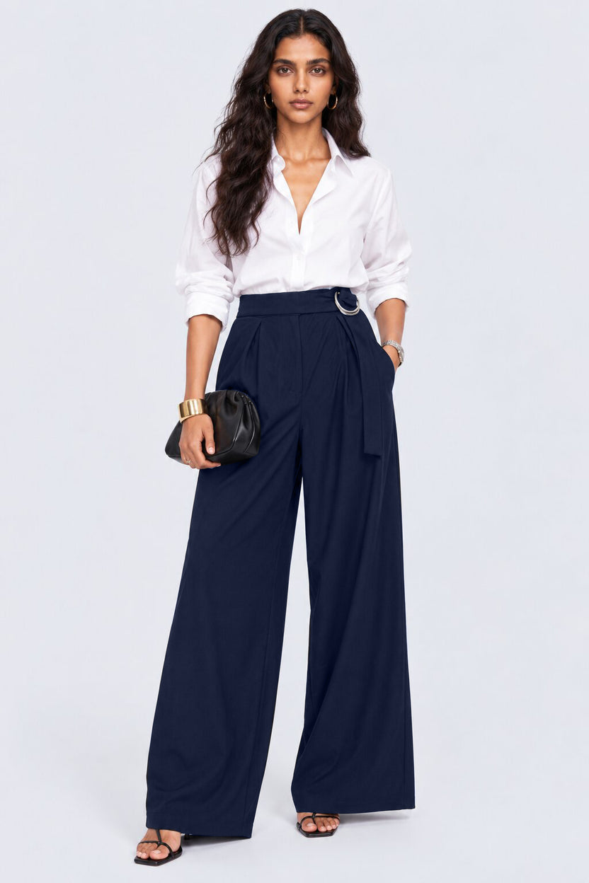 Womens Navy Belted Straight Fit Trouser - Image 6