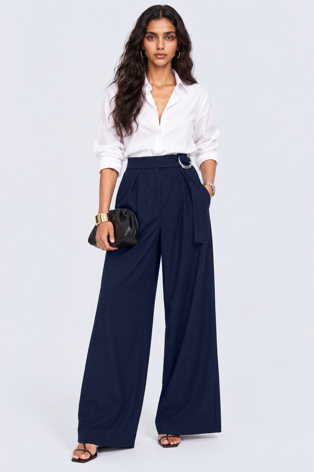 Womens Navy Belted Straight Fit Trouser - Image 6