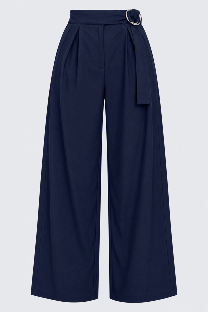 Womens Navy Belted Straight Fit Trouser - Image 7