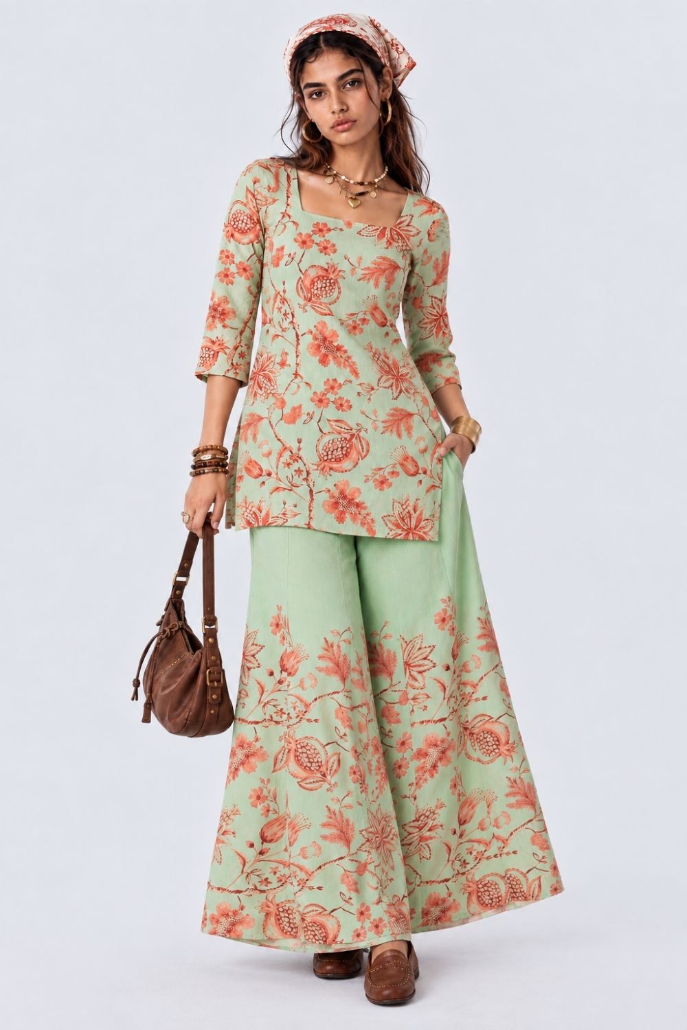Womens Mint Floral Print Flared Palazzo - Image 1