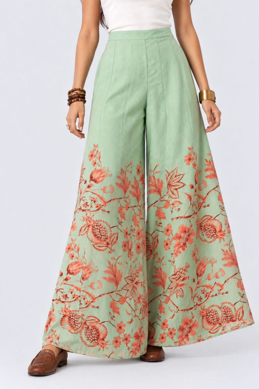 Womens Mint Floral Print Flared Palazzo - Image 2