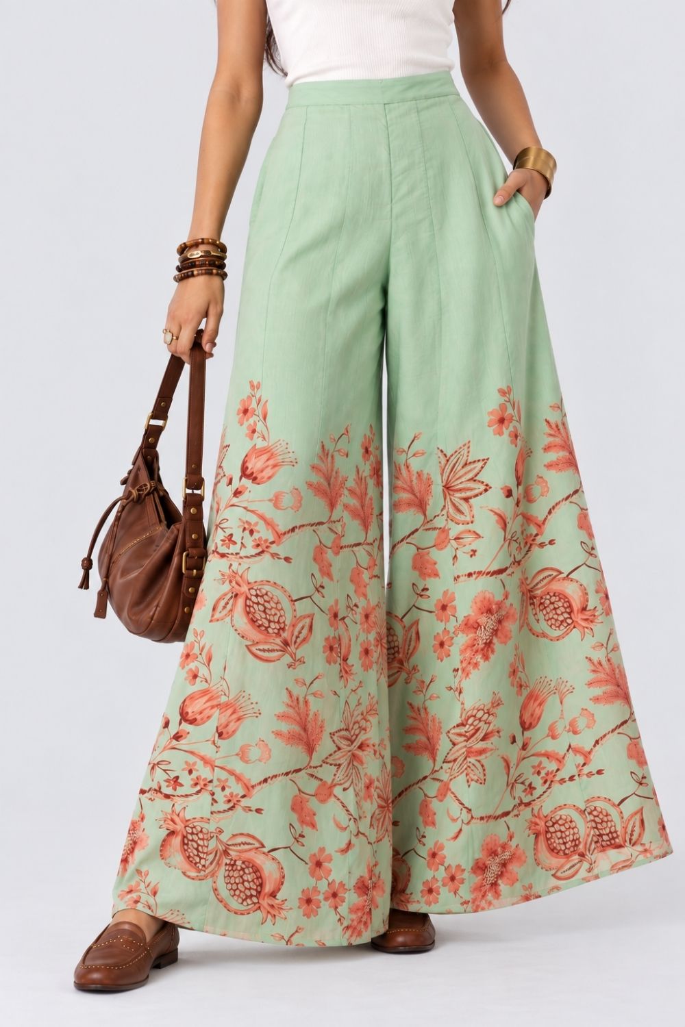 Womens Mint Floral Print Flared Palazzo - Image 6