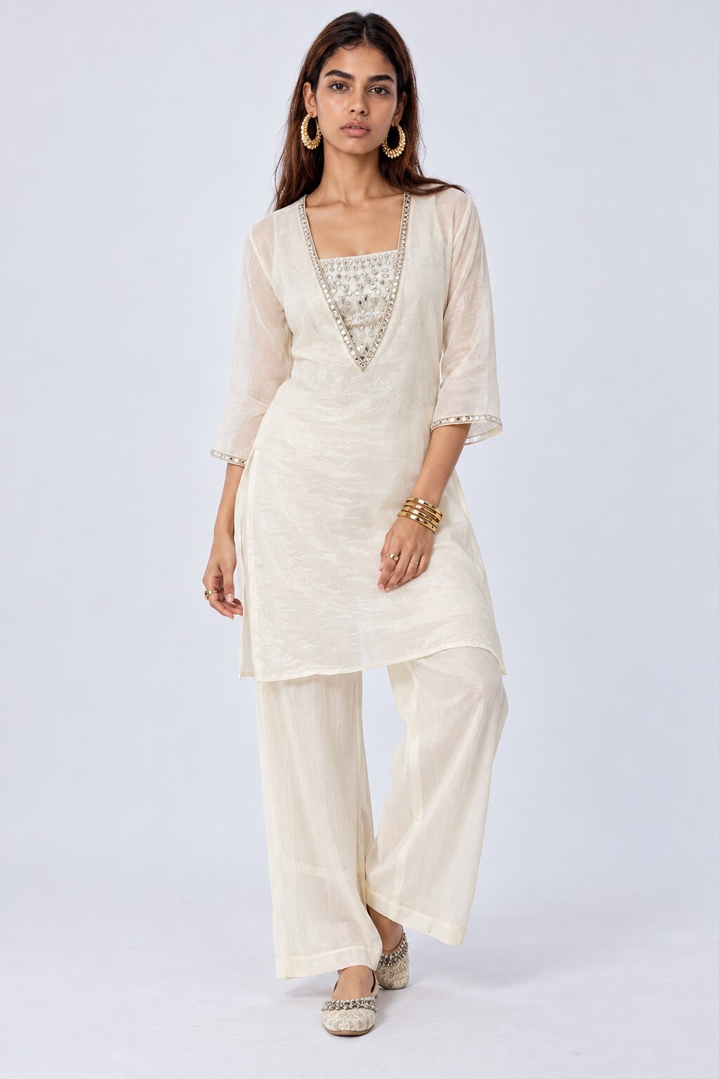 Womens Off White Embellished Kurta Palazzo Set - Image 1