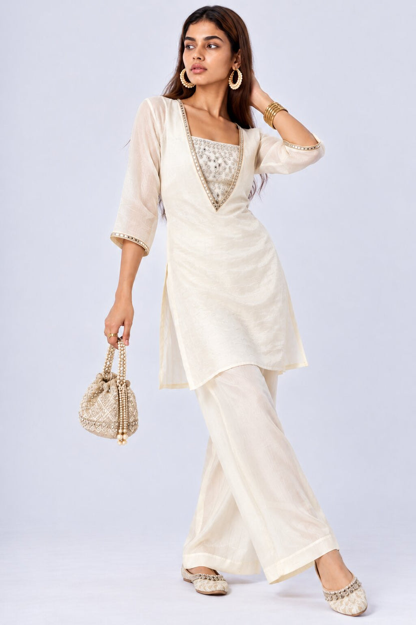 Womens Off White Embellished Kurta Palazzo Set - Image 2