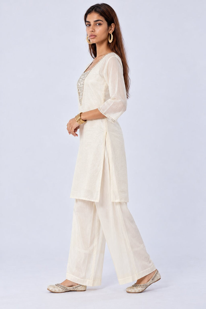 Womens Off White Embellished Kurta Palazzo Set - Image 6