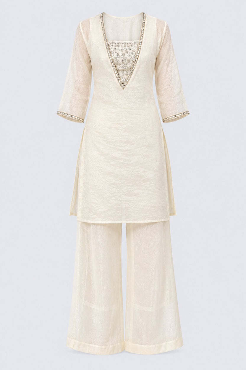 Womens Off White Embellished Kurta Palazzo Set - Image 7