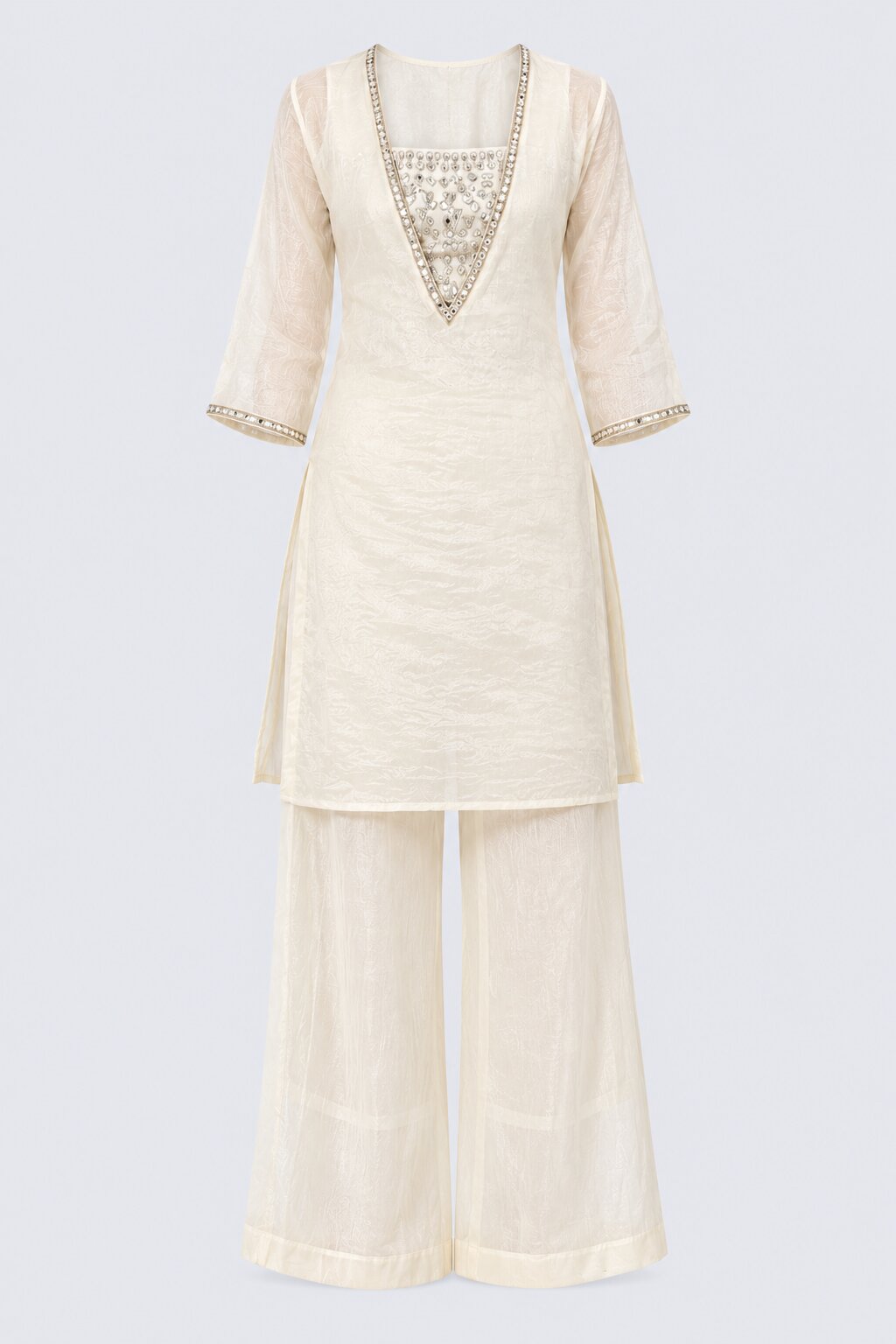 Womens Off White Embellished Kurta Palazzo Set - Image 7