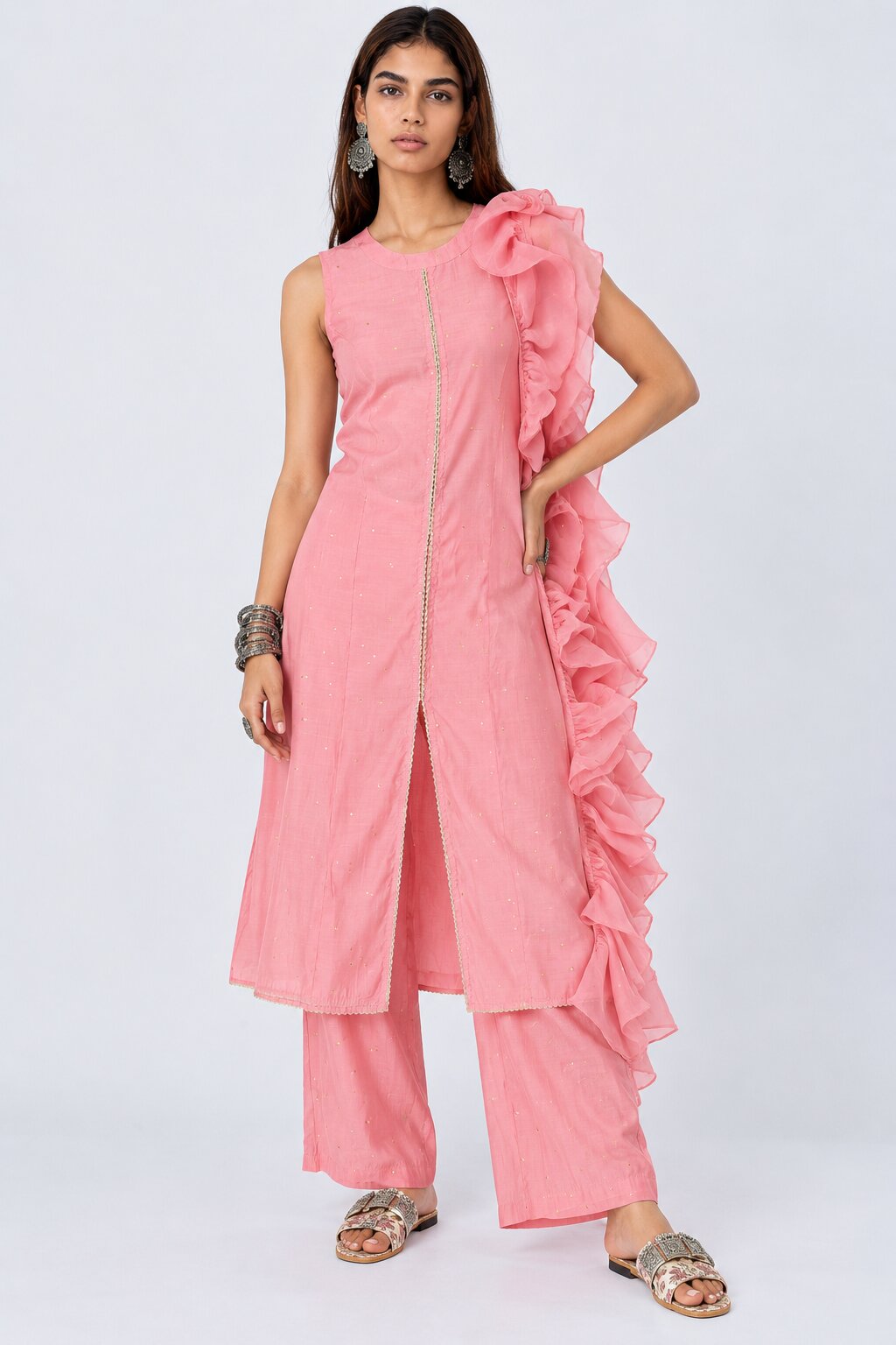 Womens Pink Ruffle Dupatta Kurta Set - Image 1