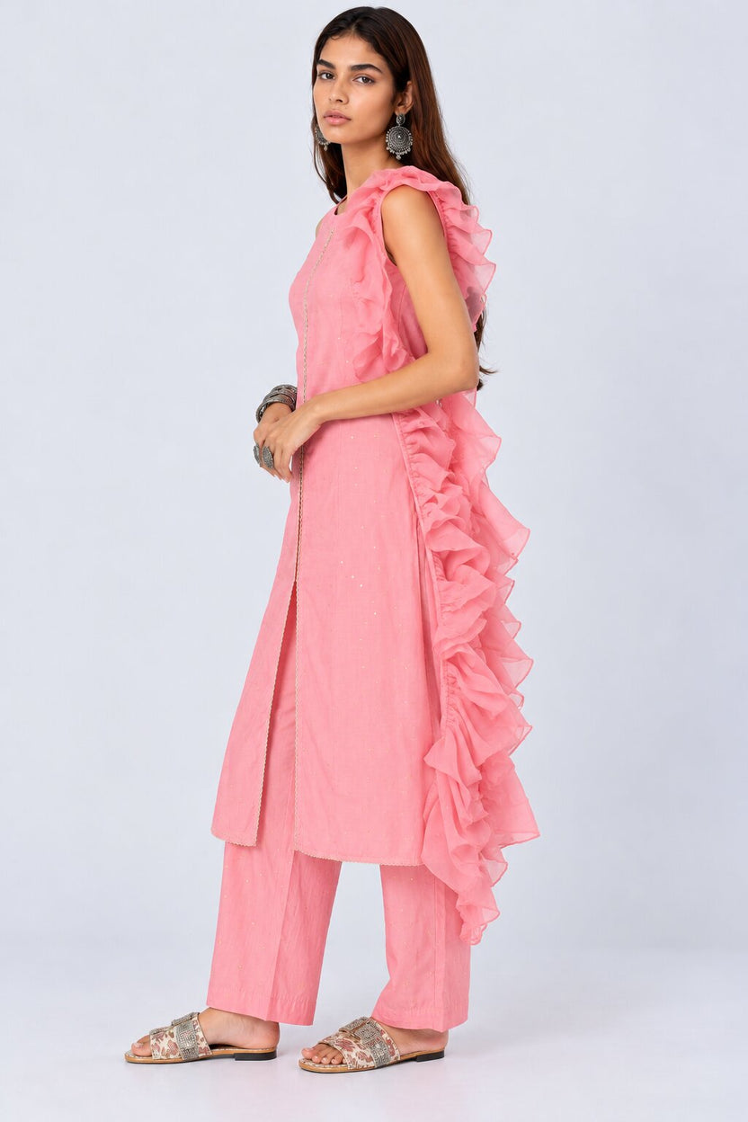 Womens Pink Ruffle Dupatta Kurta Set - Image 4