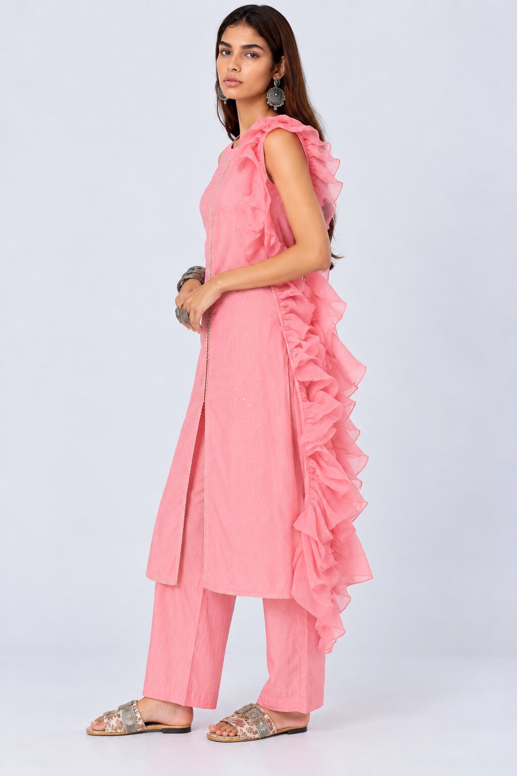 Womens Pink Ruffle Dupatta Kurta Set - Image 4