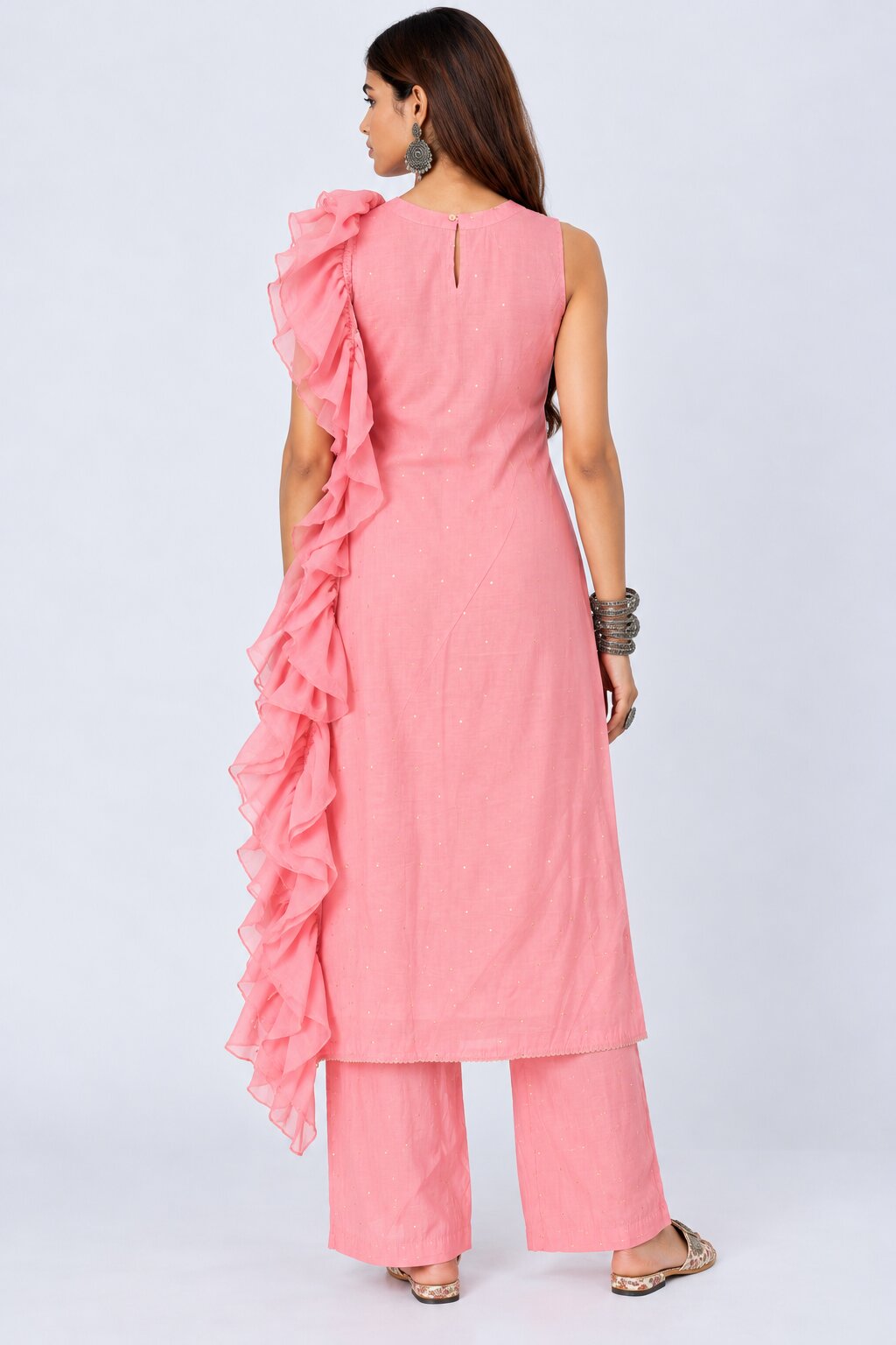 Womens Pink Ruffle Dupatta Kurta Set - Image 5