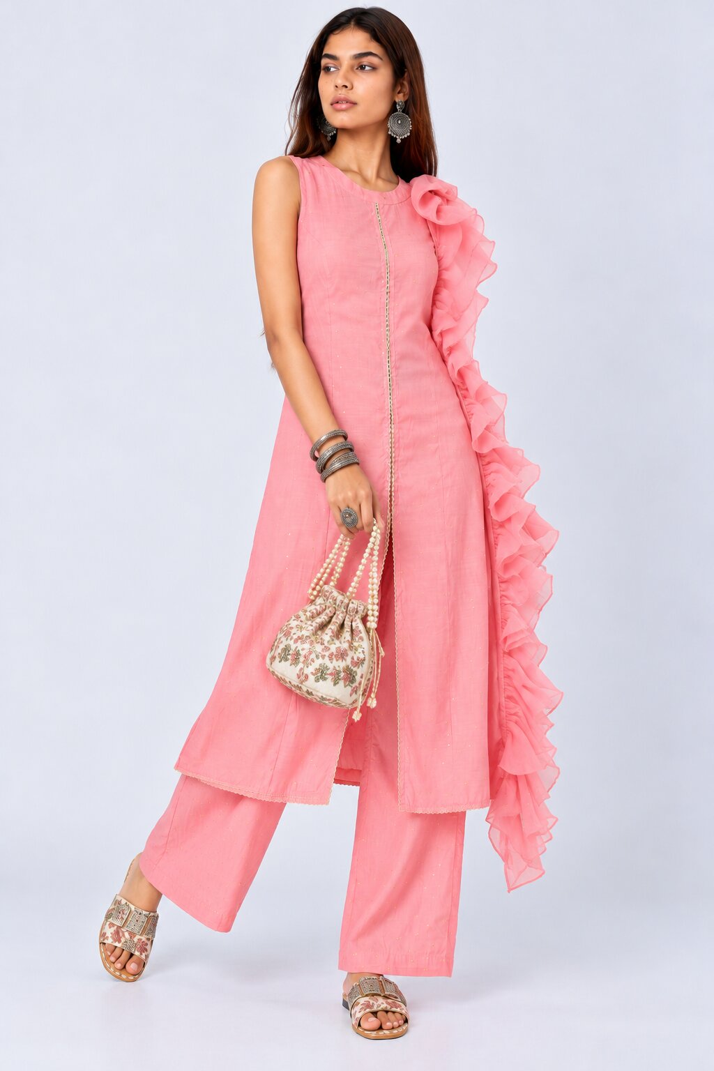 Womens Pink Ruffle Dupatta Kurta Set - Image 6