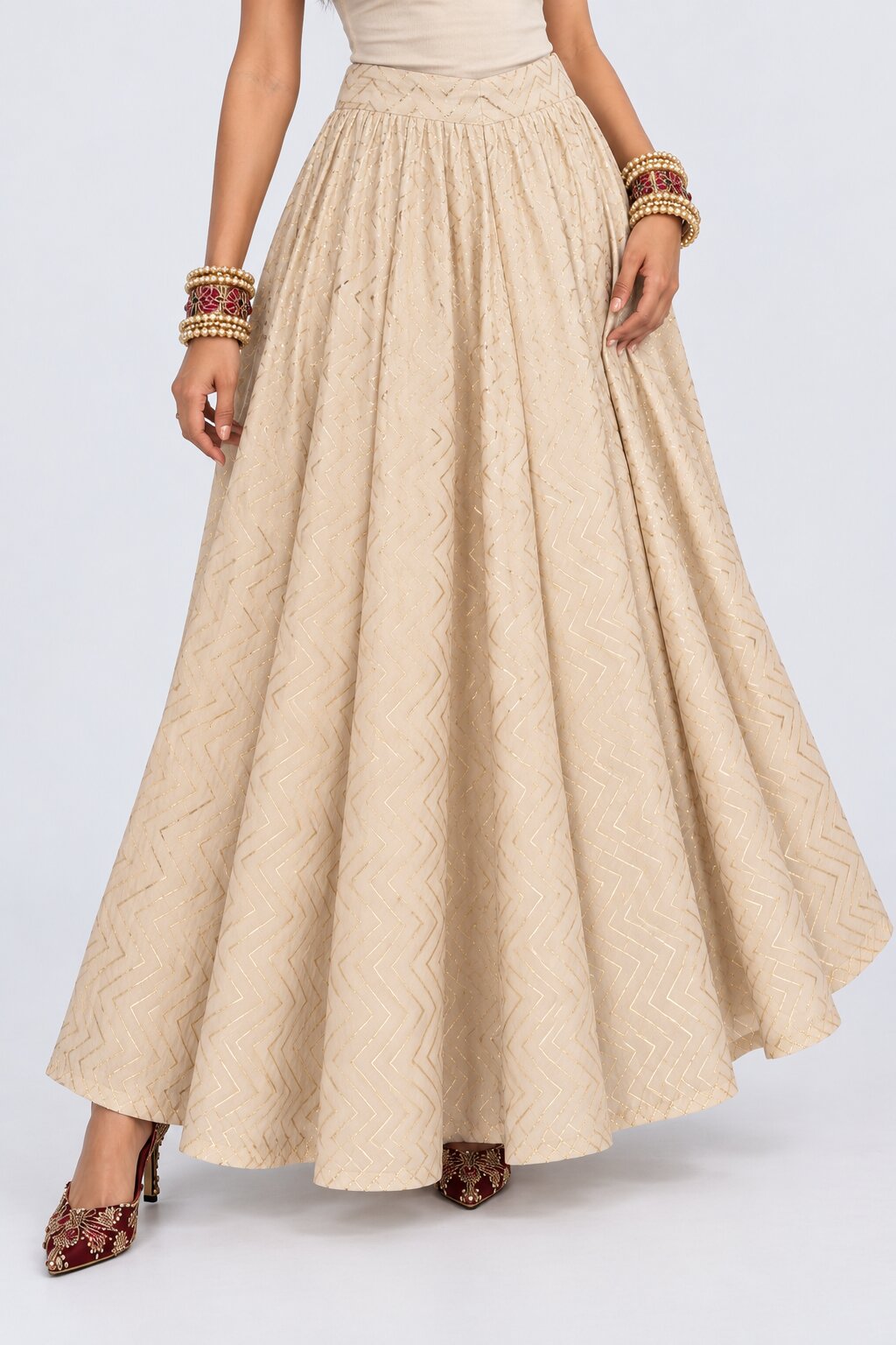 Cream Gold Foil Print Roman Festive Skirt - Image 1