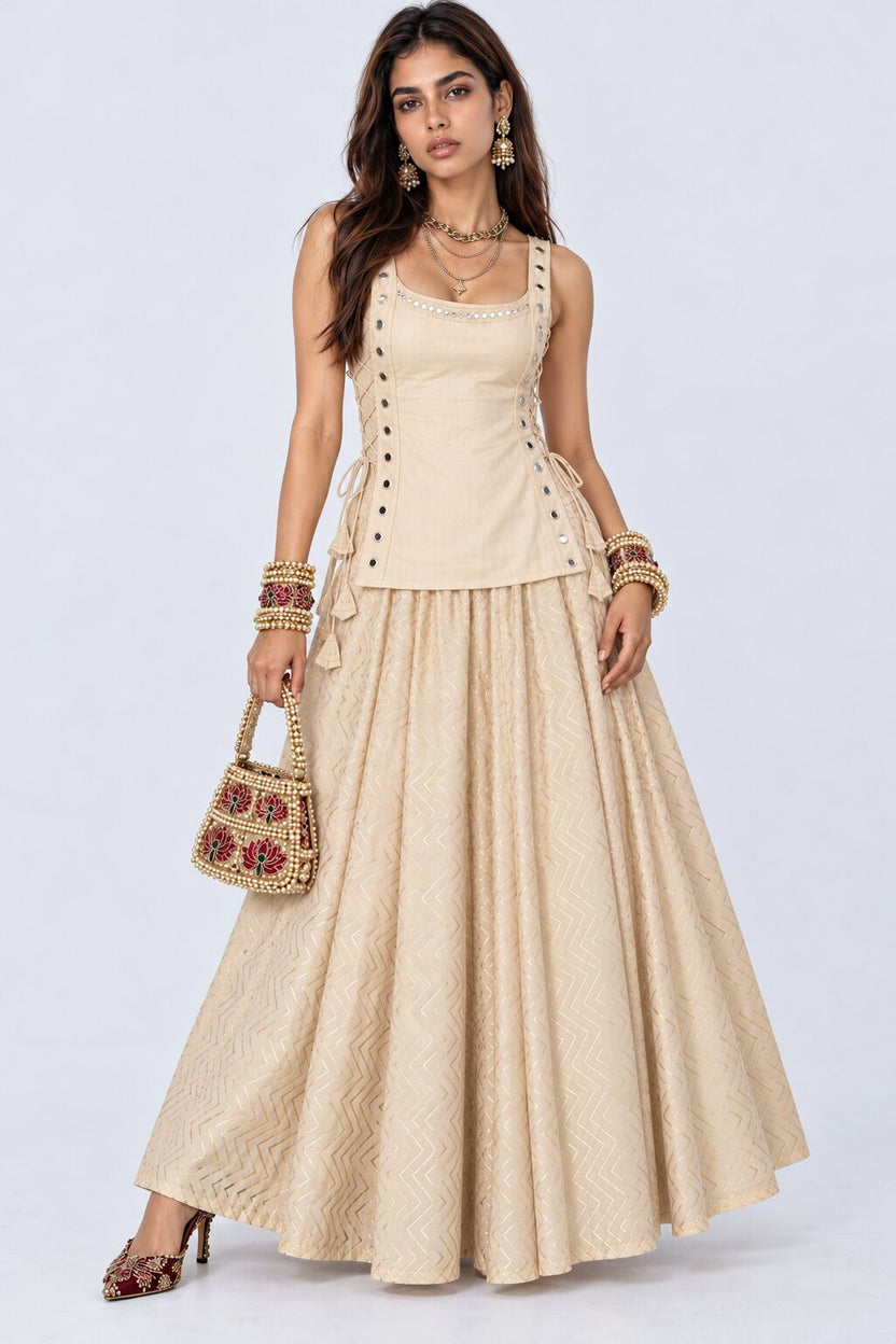 Cream Gold Foil Print Roman Festive Skirt - Image 5