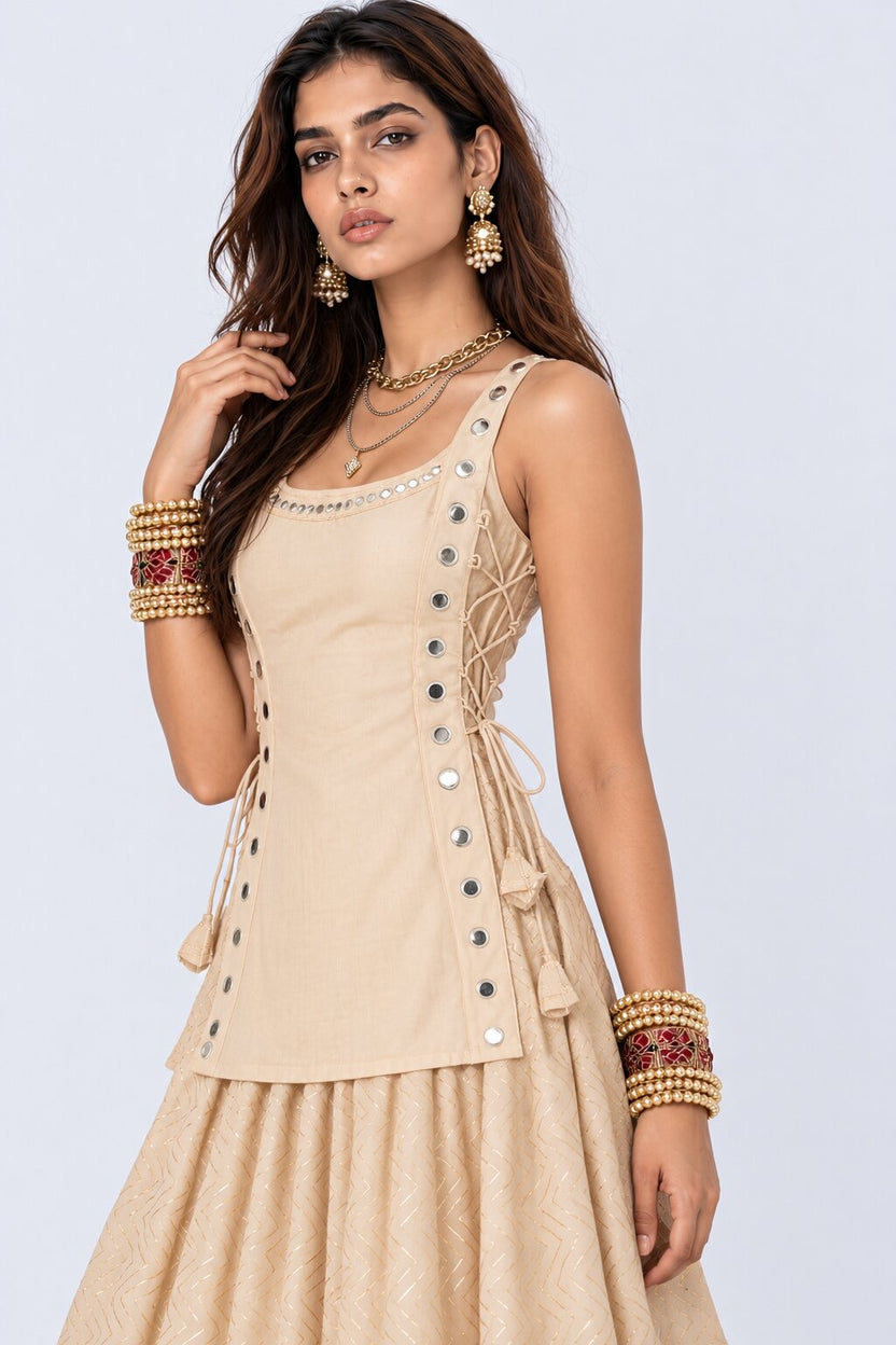Womens Cream Mirror Detail Ethnic Tunic - Image 2