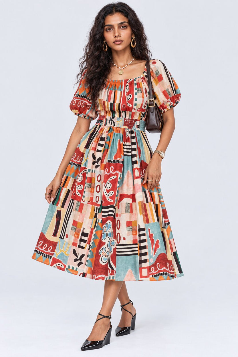 Womens Multi-Coloured Abstract Print Midi Dress - Image 1