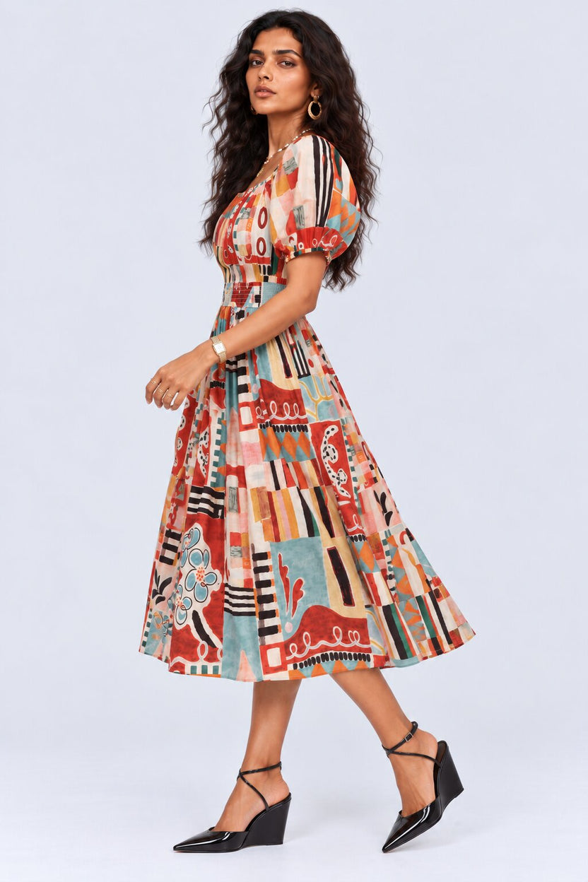 Womens Multi-Coloured Abstract Print Midi Dress - Image 2