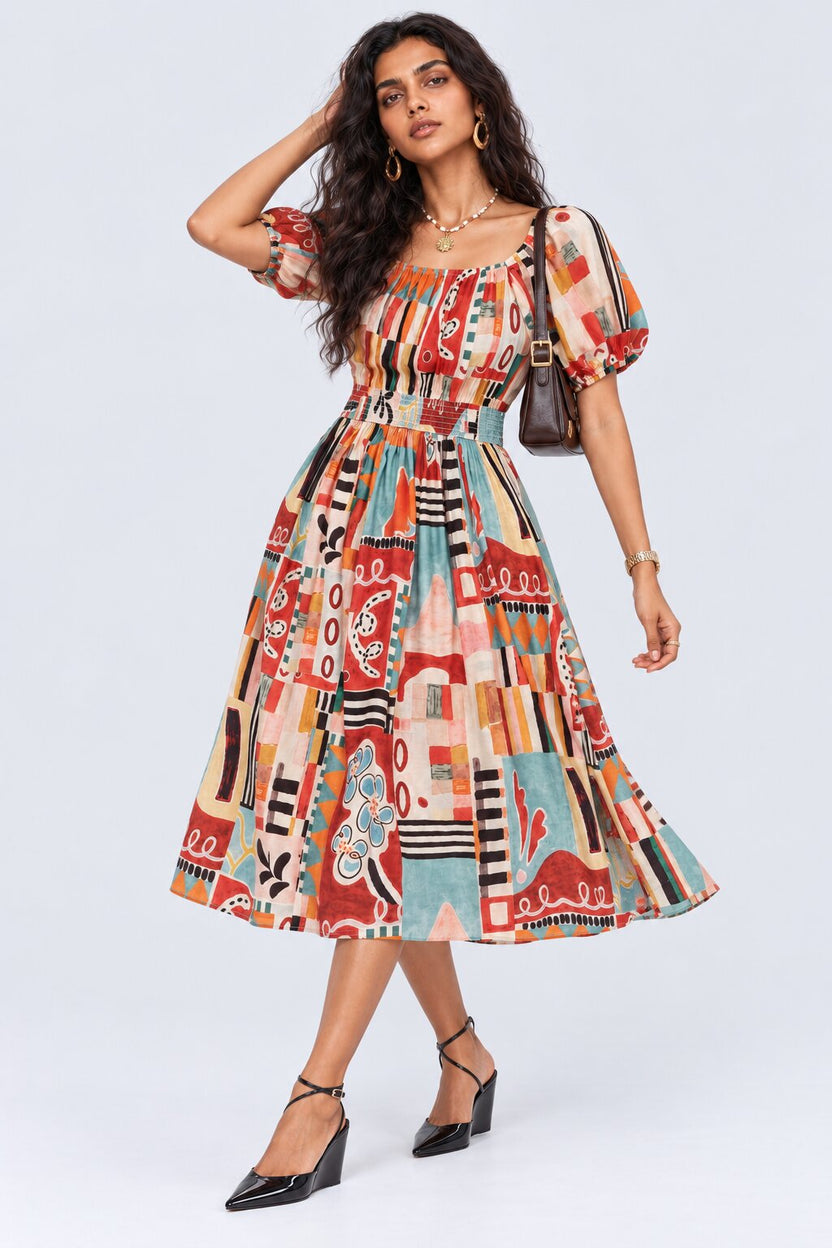 Womens Multi-Coloured Abstract Print Midi Dress - Image 5