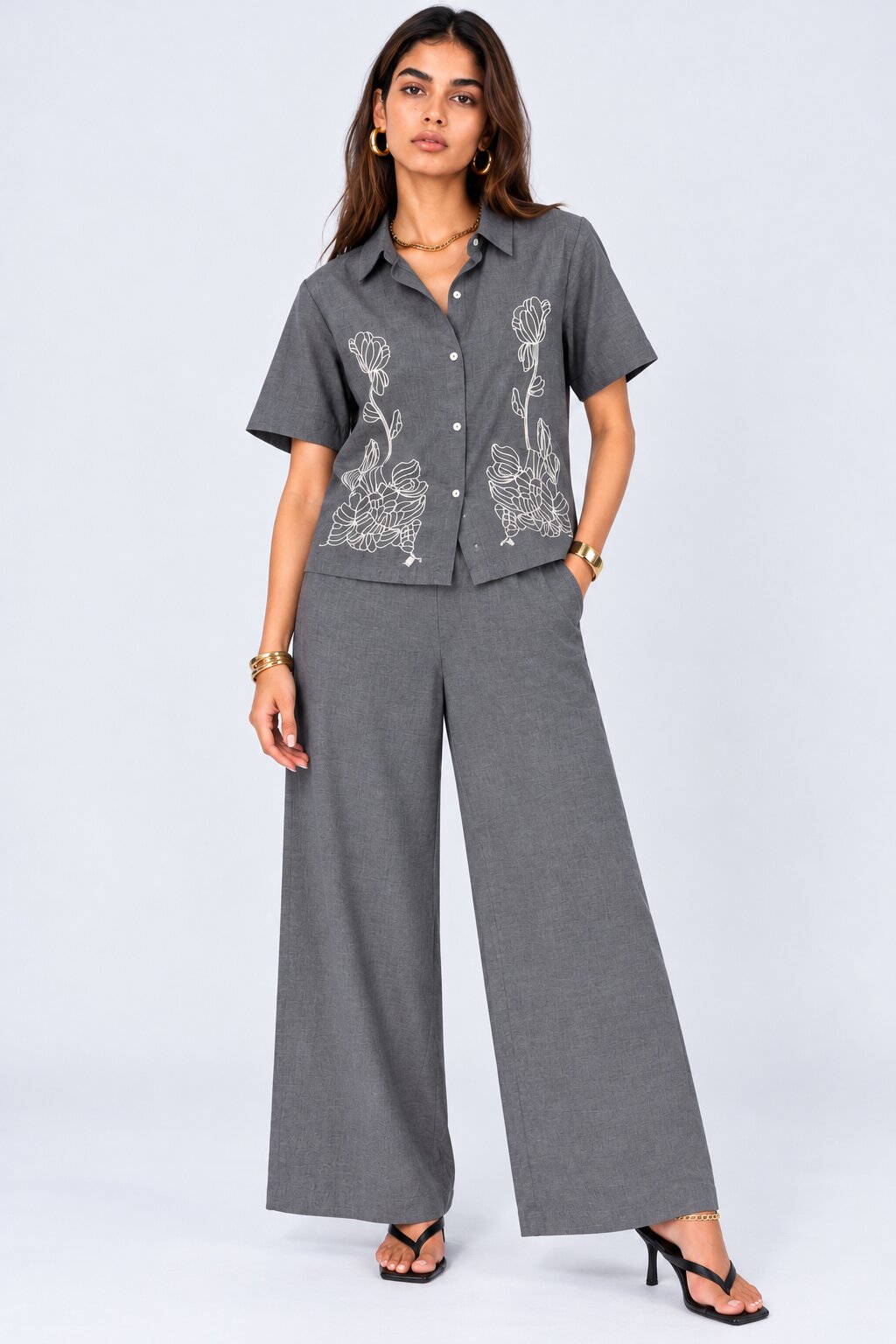 Grey Embroidered Shirt and Pant Set - Image 1
