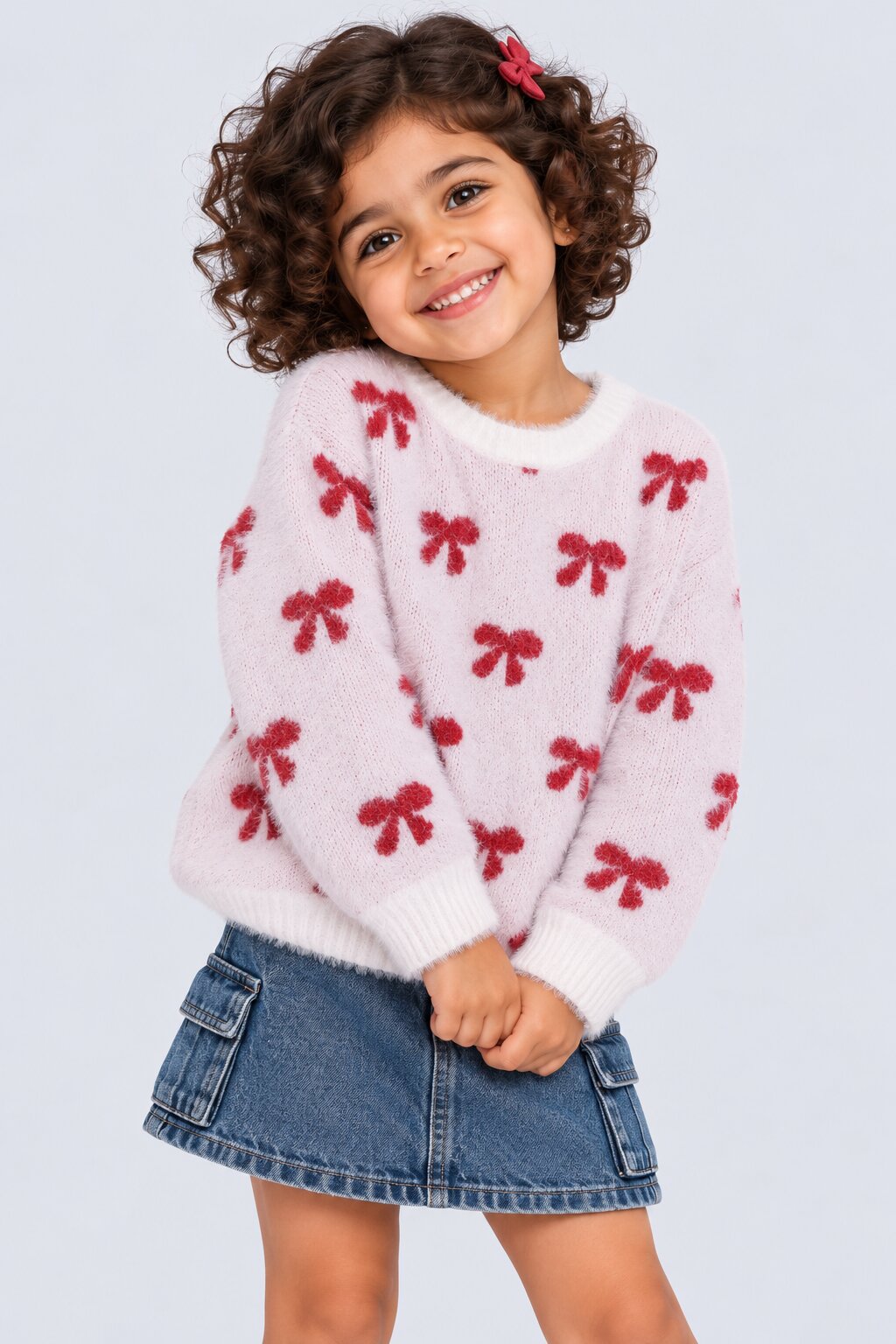 Girls Pink Bow Pattern Fuzzy Sweater - Image 1