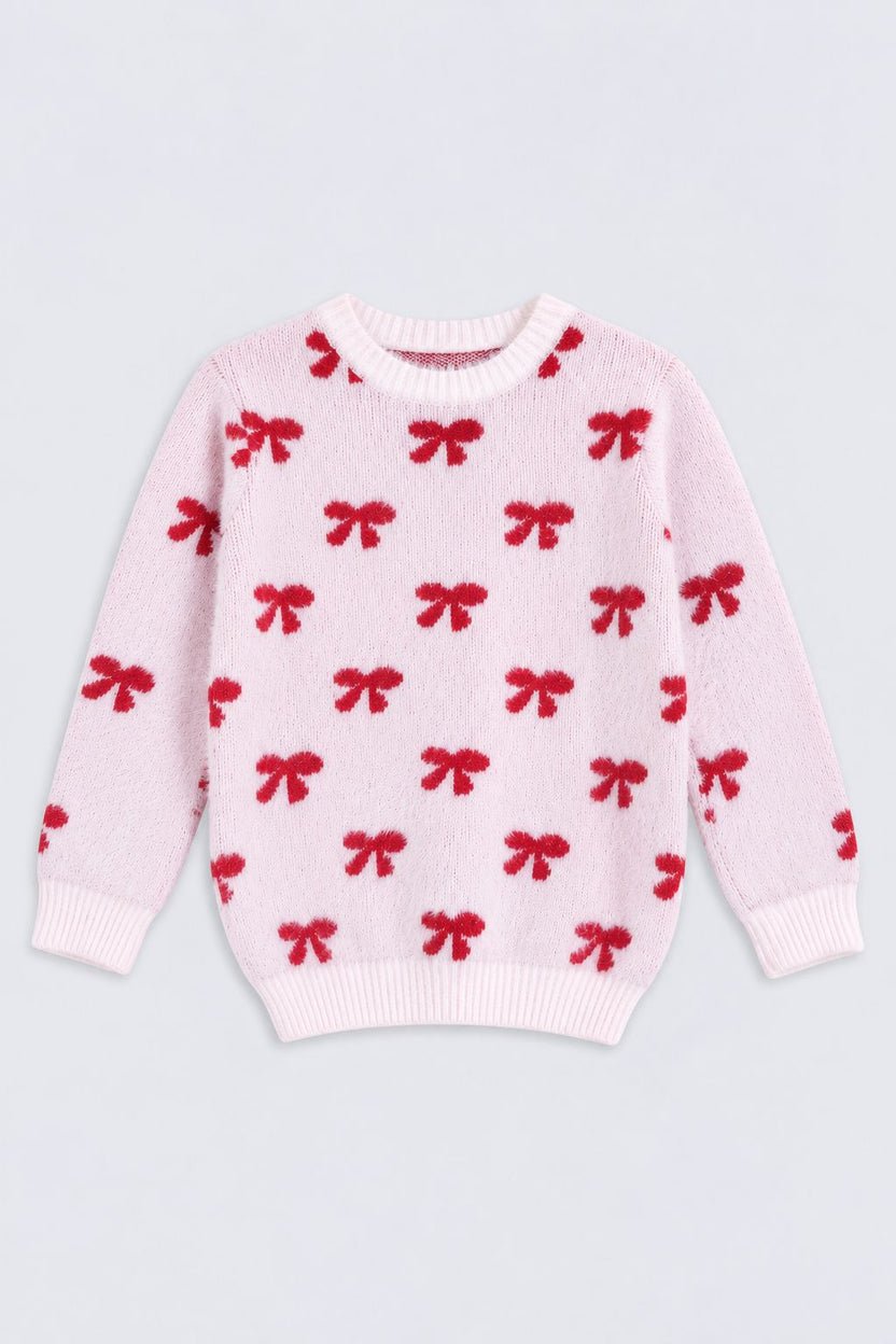 Girls Pink Bow Pattern Fuzzy Sweater - Image 2