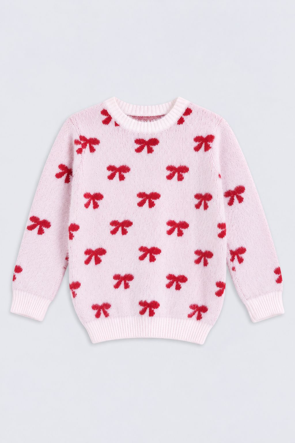 Girls Pink Bow Pattern Fuzzy Sweater - Image 2