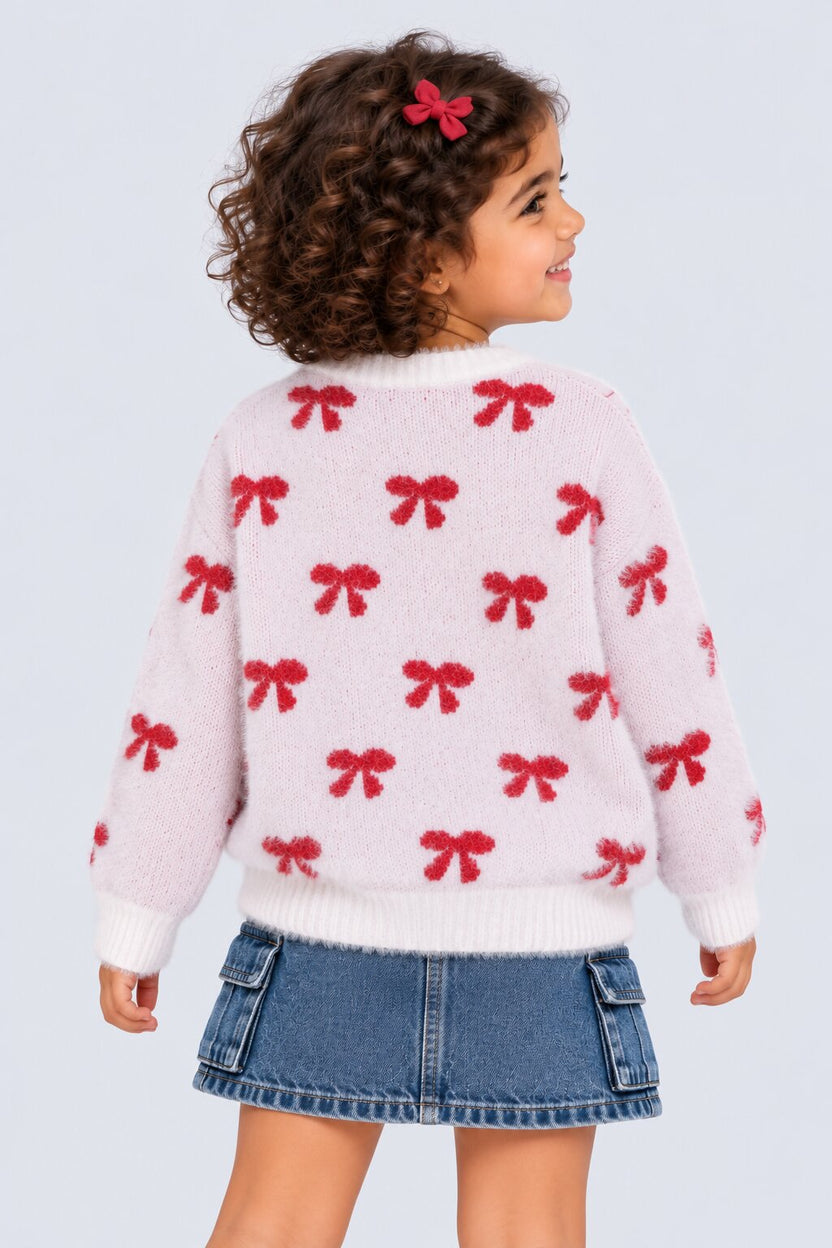 Girls Pink Bow Pattern Fuzzy Sweater - Image 3