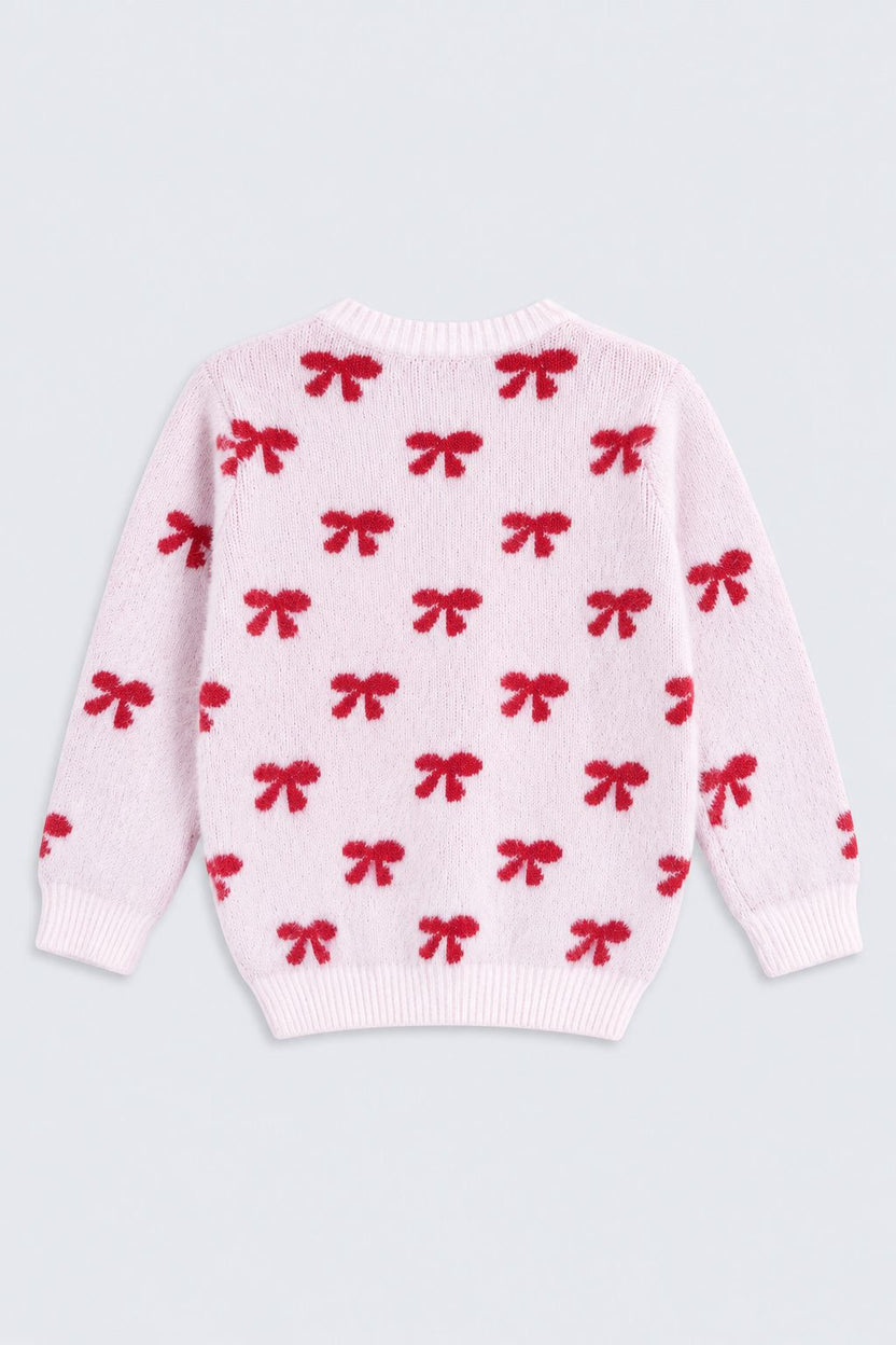 Girls Pink Bow Pattern Fuzzy Sweater - Image 4