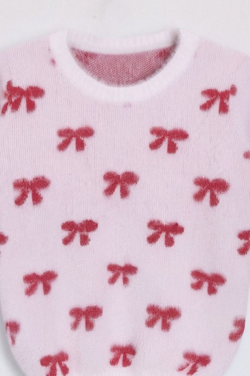 Girls Pink Bow Pattern Fuzzy Sweater - Image 6