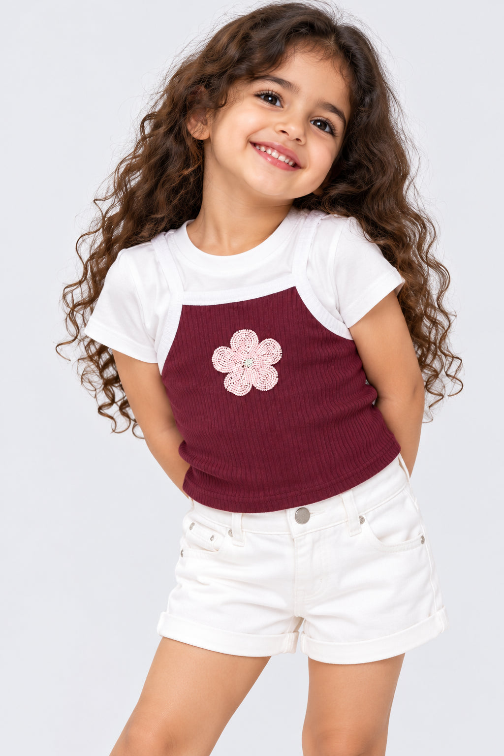 Girls Wine Floral Layered Top - Image 1