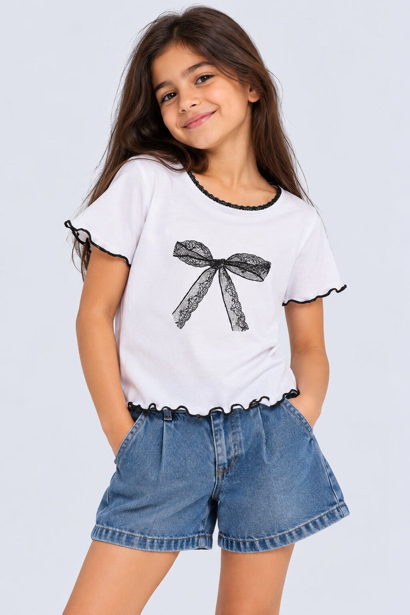 White Bow Graphic Tweens Girls Top - Image 1